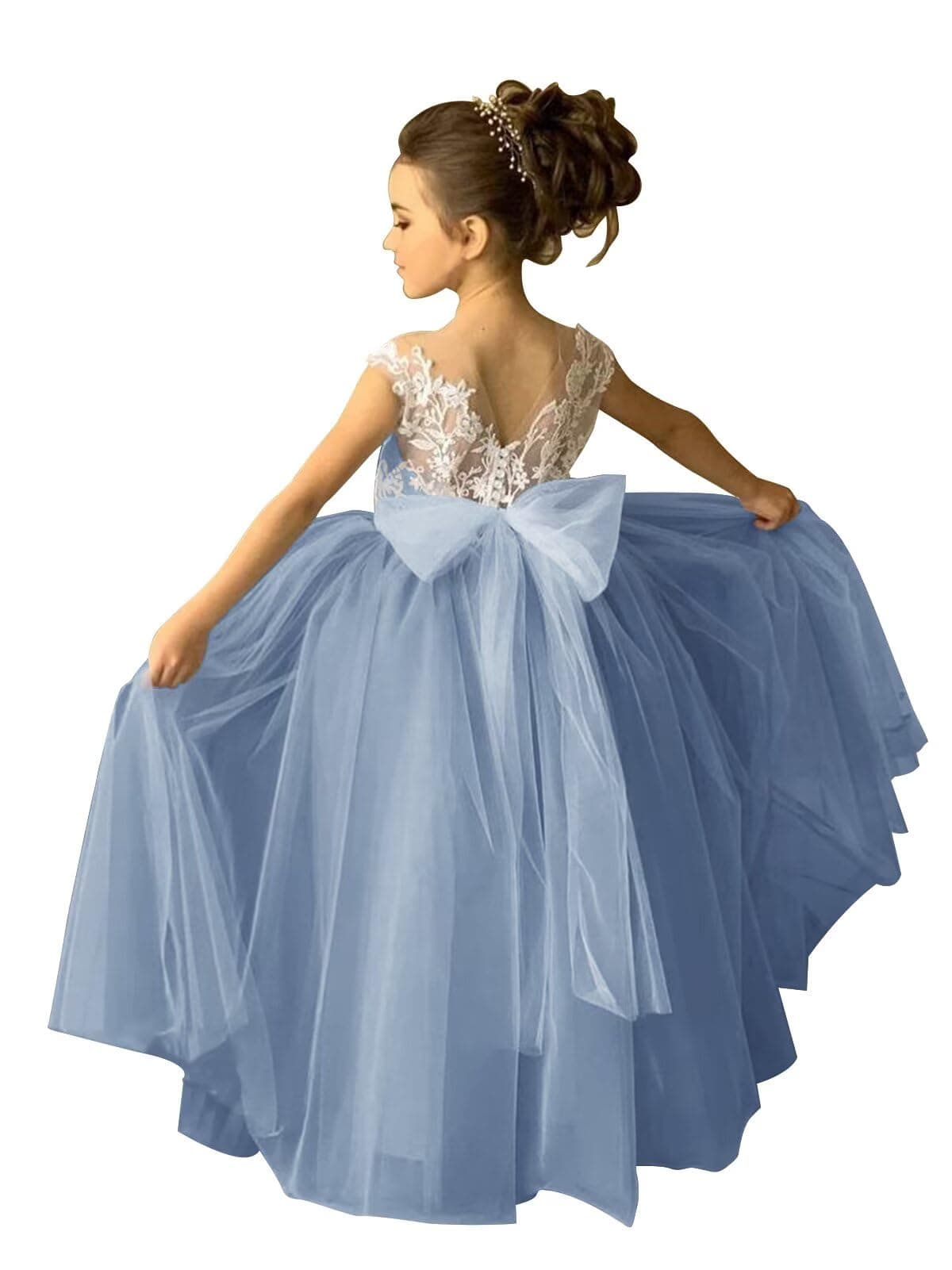 Zikusel Lace Applique Tulle Flower Girl Wedding Dress V-Back Satin Bow Knot