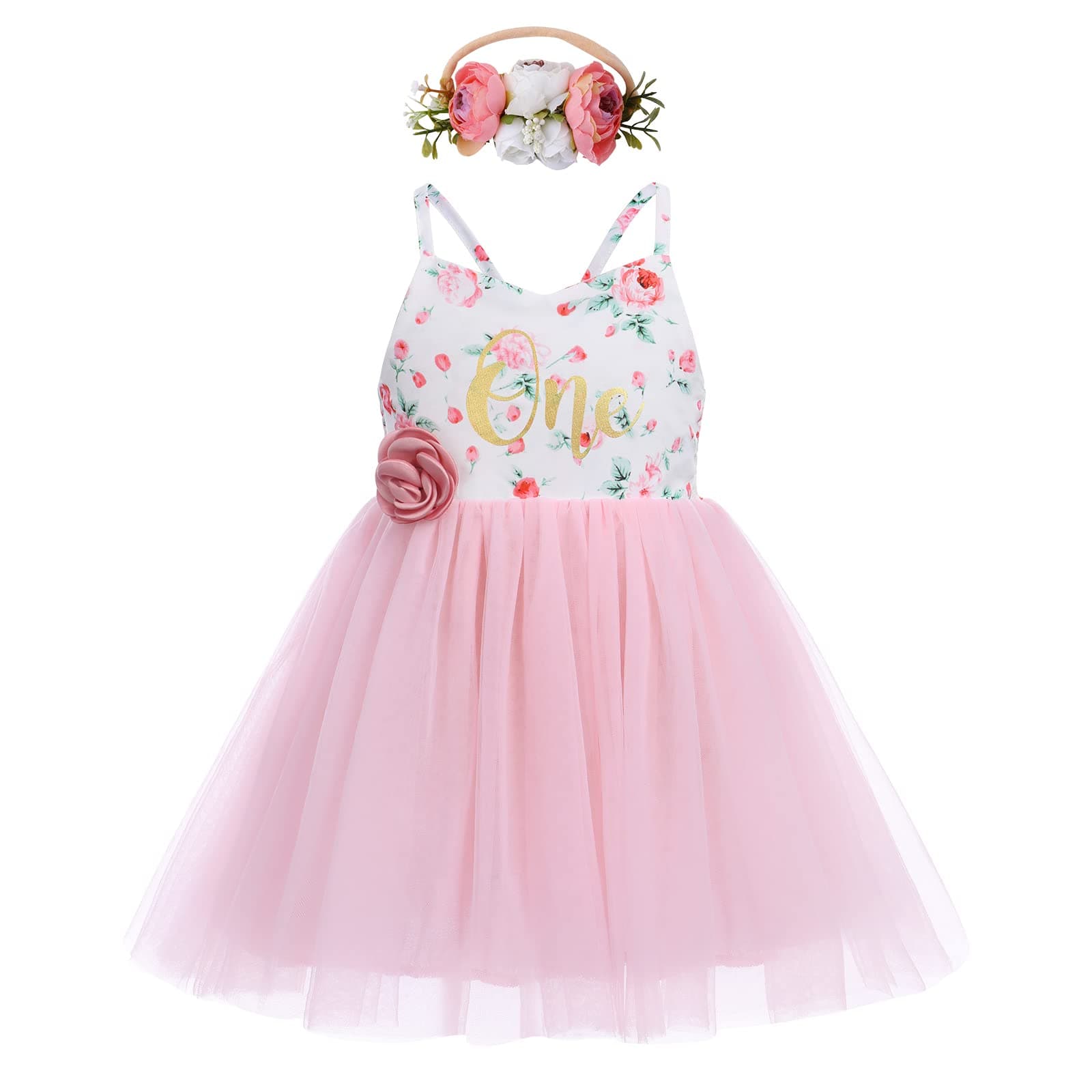 Boho Floral Backless Tulle Dress with Flower Headband for Baby Girl Toddler Kids 1st/2nd Birthday Party