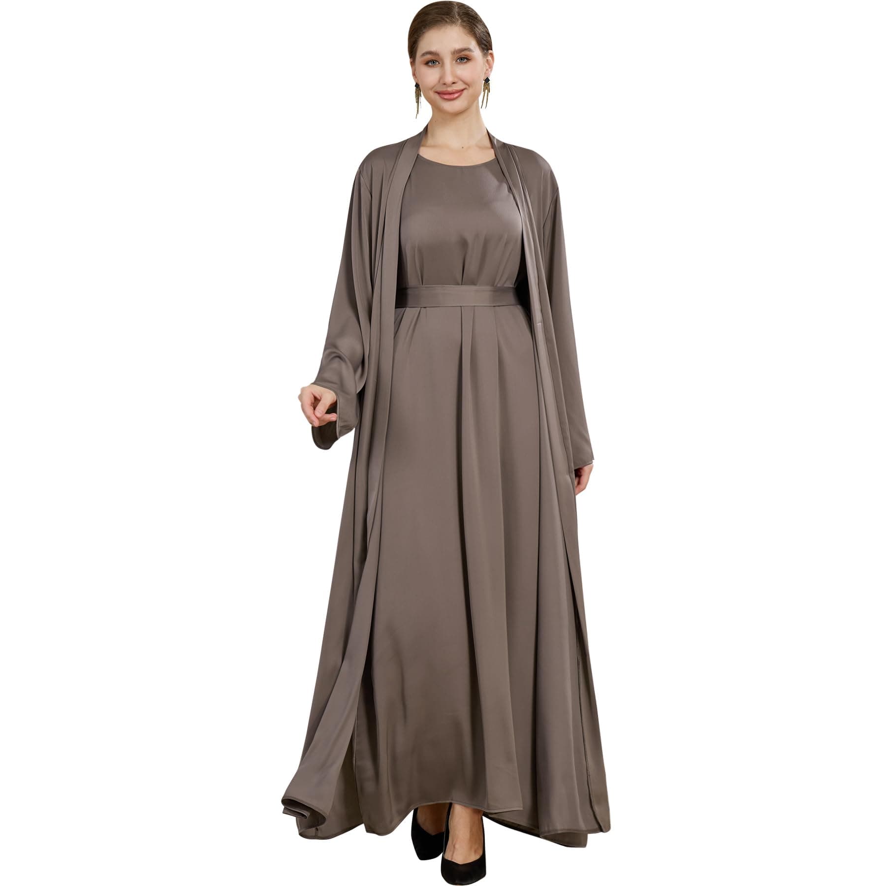 Lightweight Satin Abaya Dress 2PCS for Women Islamic Prayer Modest KAFTAN