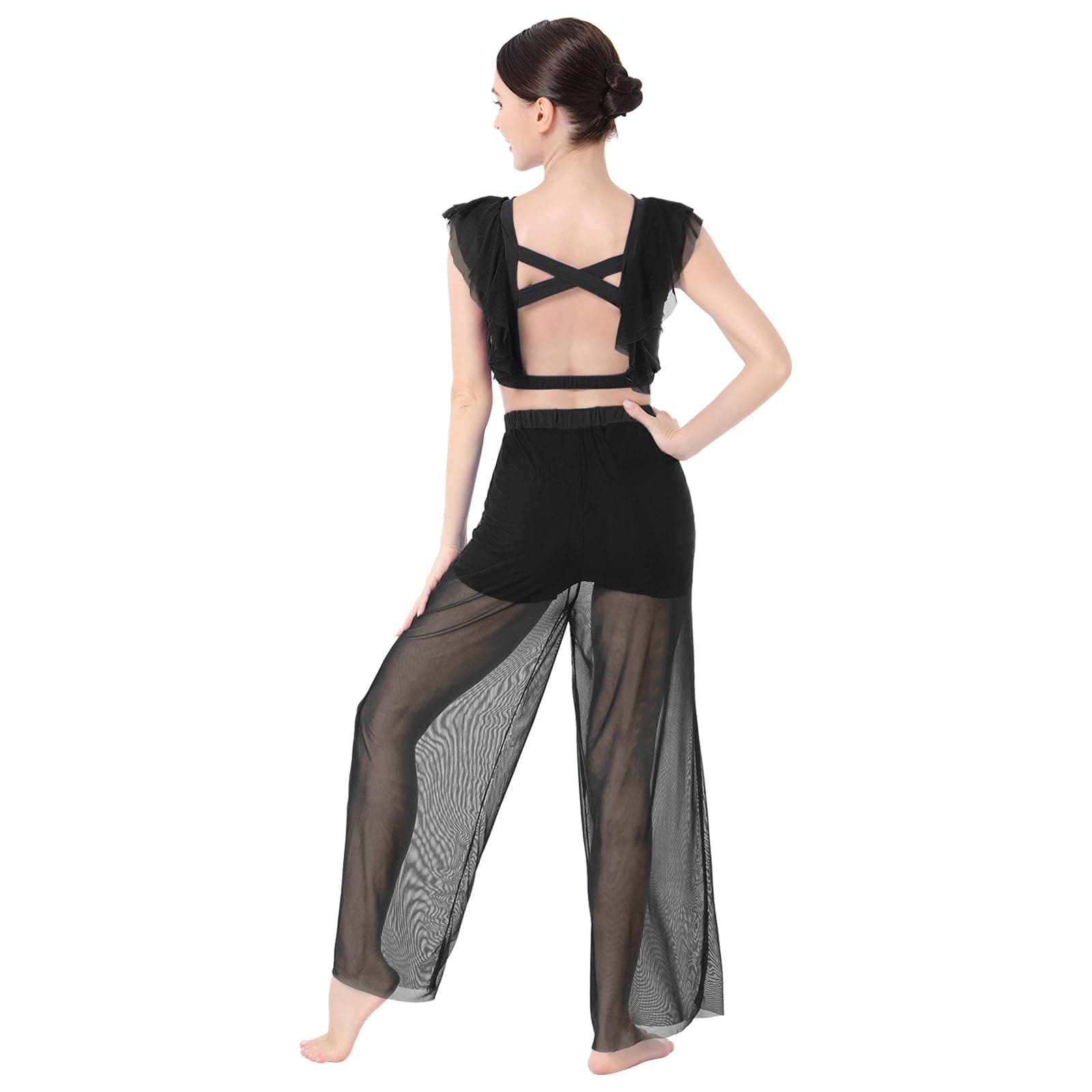 IBAKOM Women's Lyrical Dance 2PCS Chiffon Crop Top & Shorts Outfits