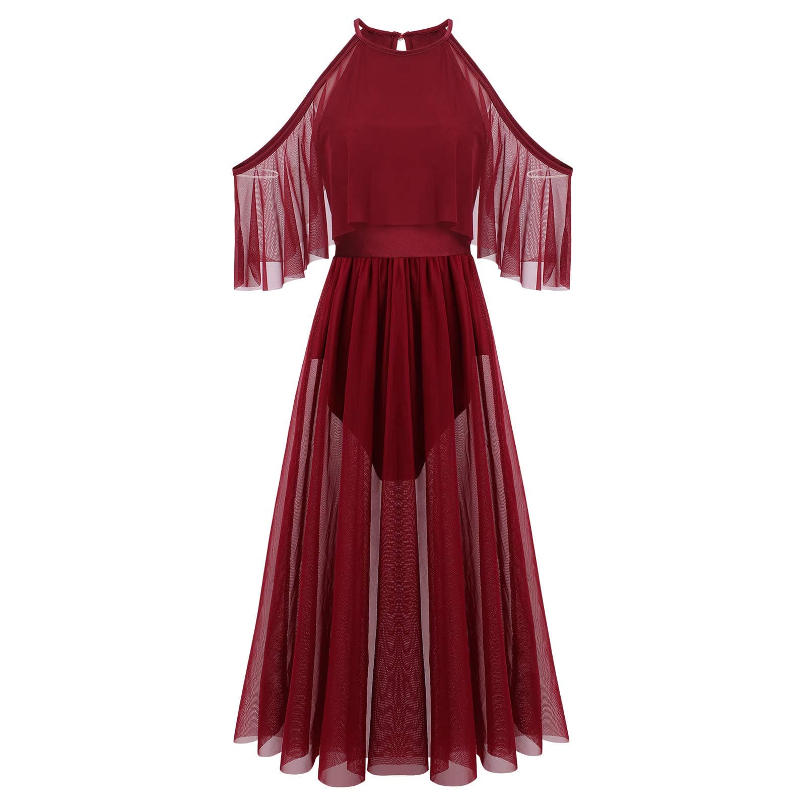 Women's Lyrical Dance Costume with Shiny Criss Cross Straps and Full Circle Mesh Tulle - Long Dress with Brooch Pin