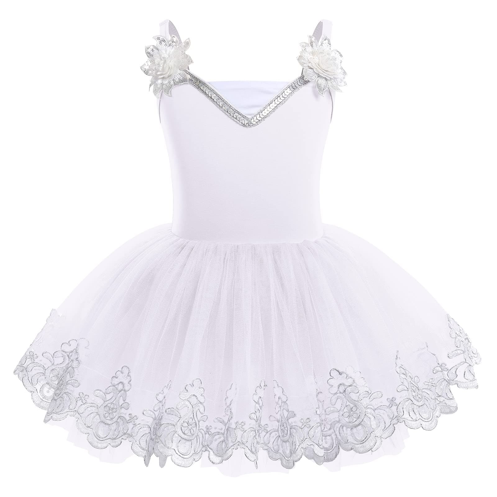 ODASDO Shimmering Sequin Flower Embroidery Ballet Leotard for Girls