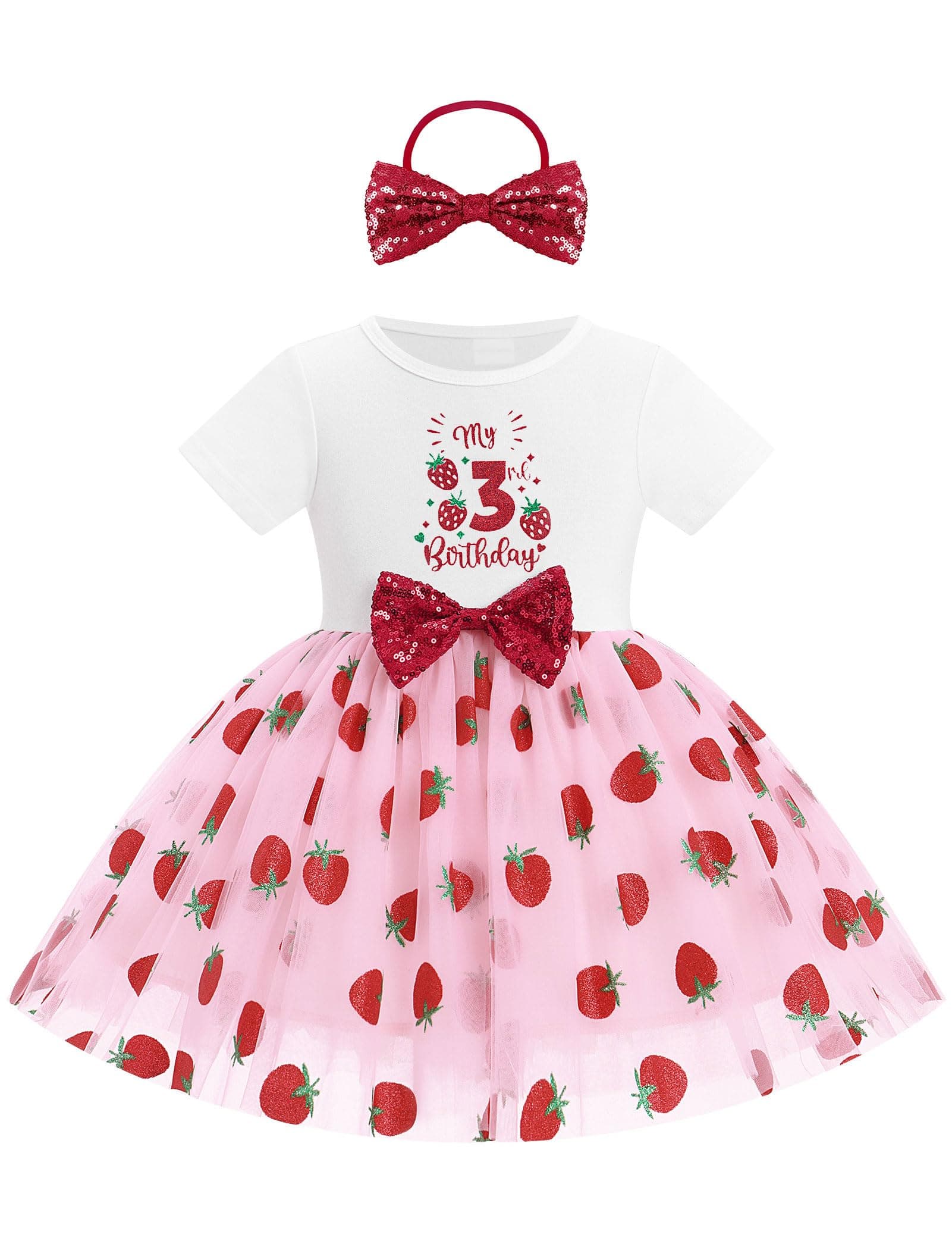 ODASDO Girls' Strawberry Birthday Tutu Dress with Bowknot Headband