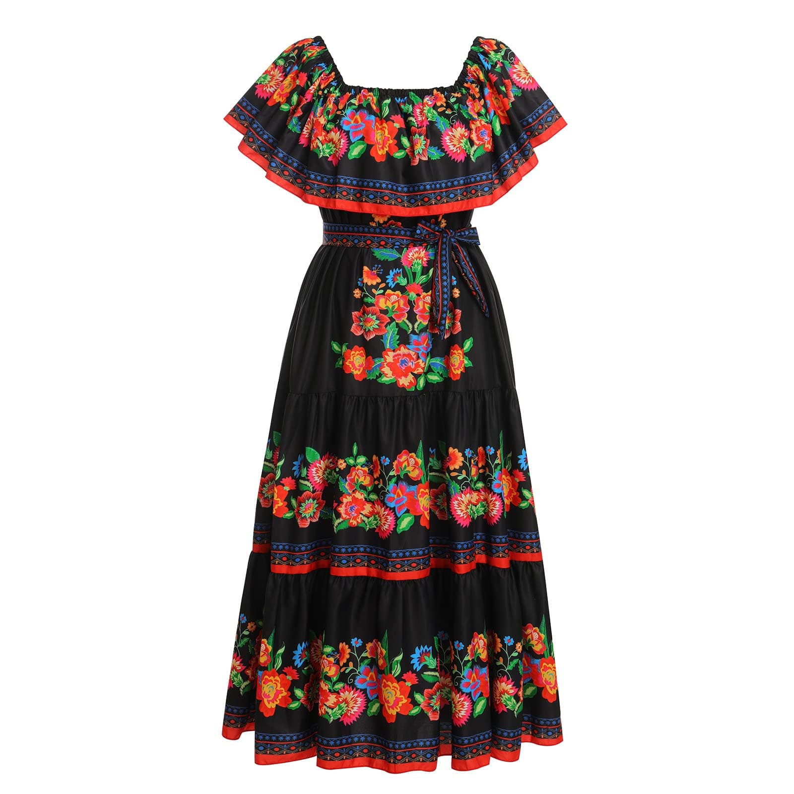 IWEMEK Mexican Off-Shoulder Floral Maxi Dress for Summer Beach Parties+ Belt