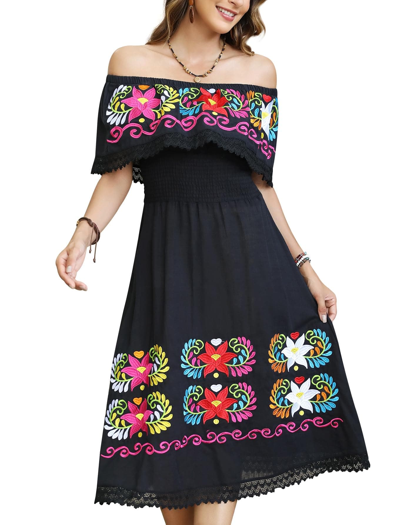 Vackutliv Mexican Embroidered Floral Off-the-Shoulder Dress
