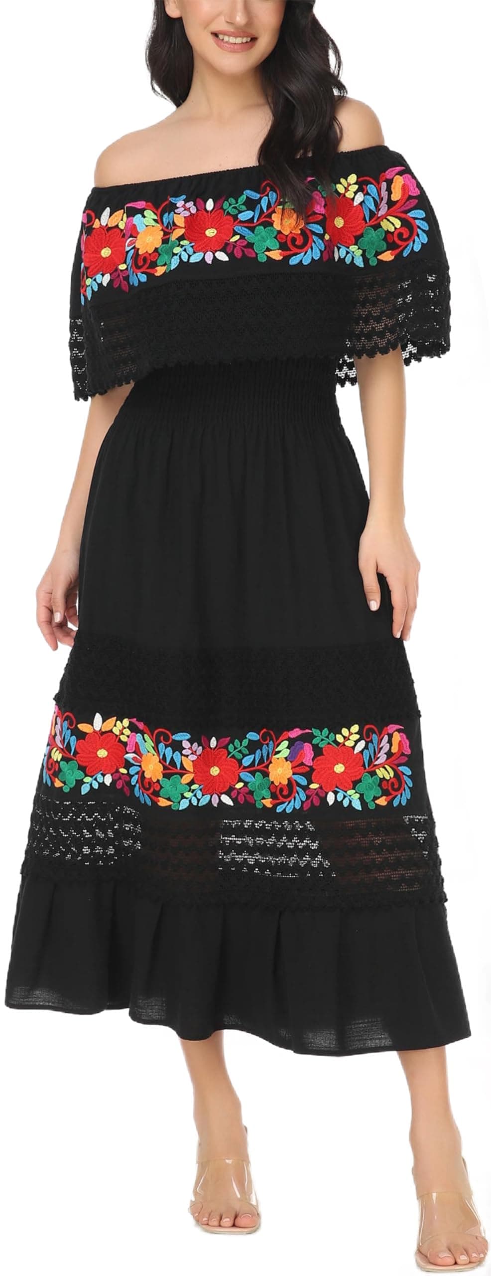 Embnoyes Boho Embroidered Maxi Lace Wedding Dress for Women