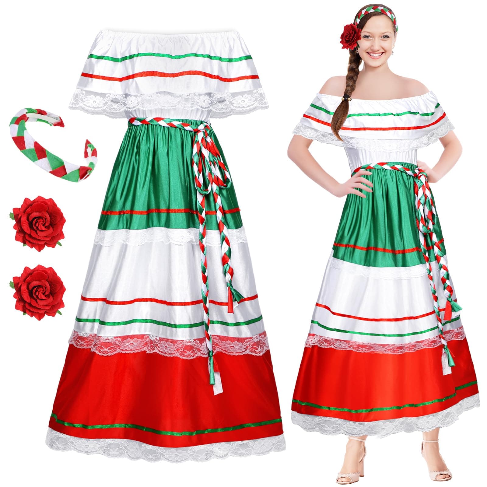 Riyiper Traditional Mexican Fiesta Dress for Women with Flower Hair Clip(X-Large)