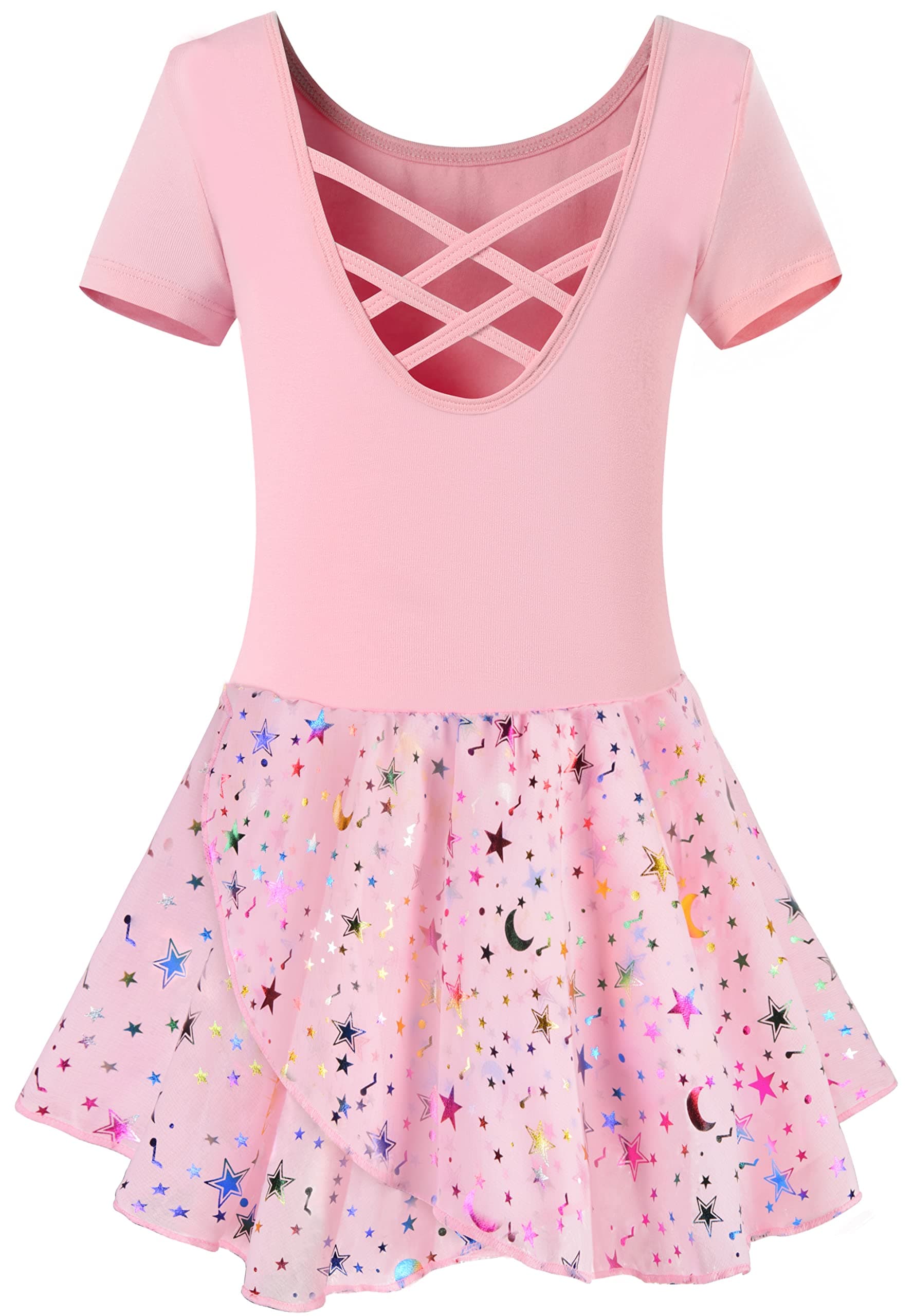 WYHDY Girls' Shiny Ballet Leotards with Hollow Crisscross Back Short Sleeve