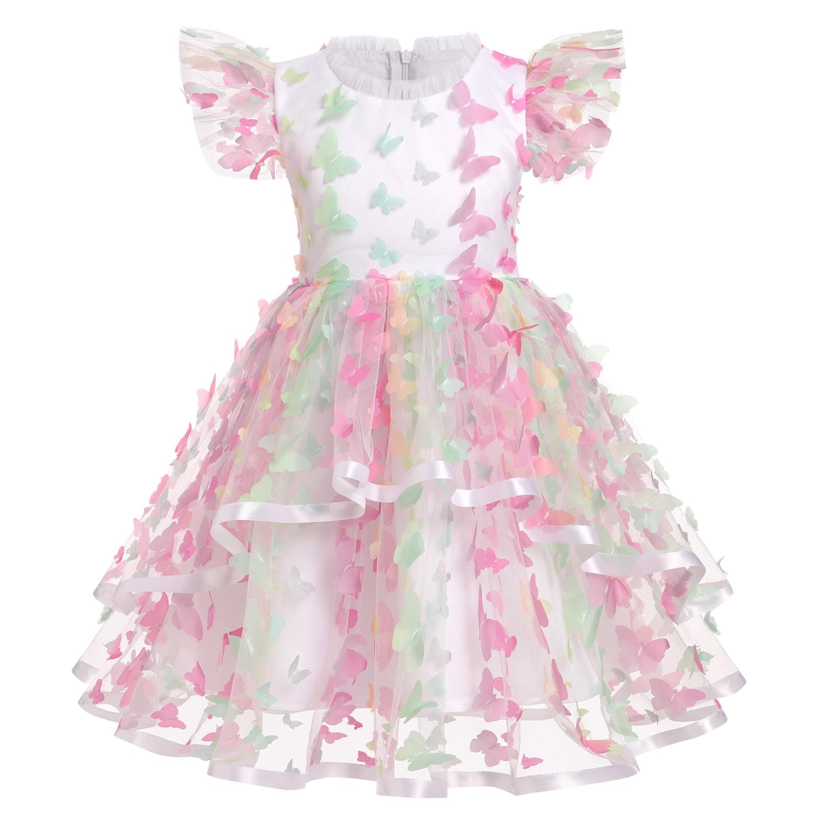 ODASDO Girls A-line Tutu Tulle Ruffle Sleeve Dresses for Birthday Party