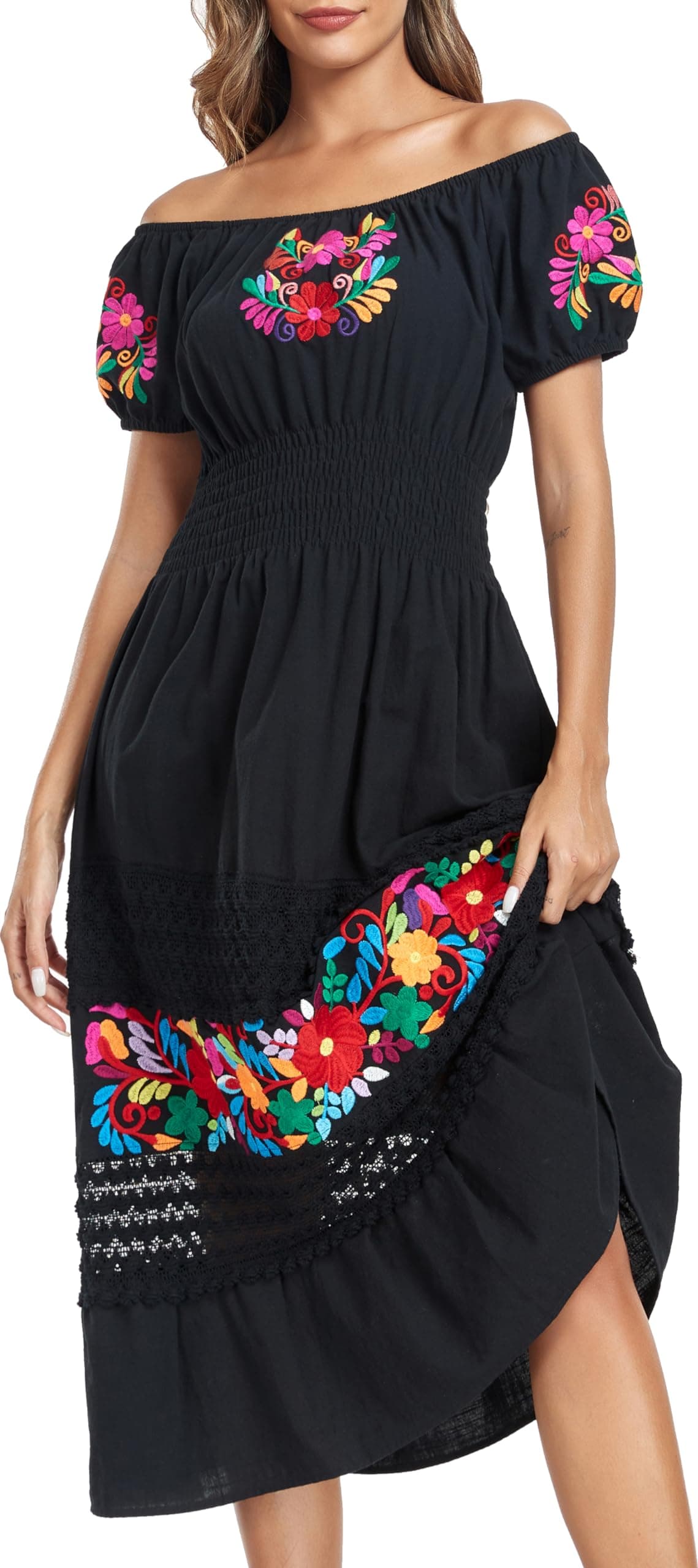 YZXDORWJ Women's Mexican Floral Embroidered Maxi Dress