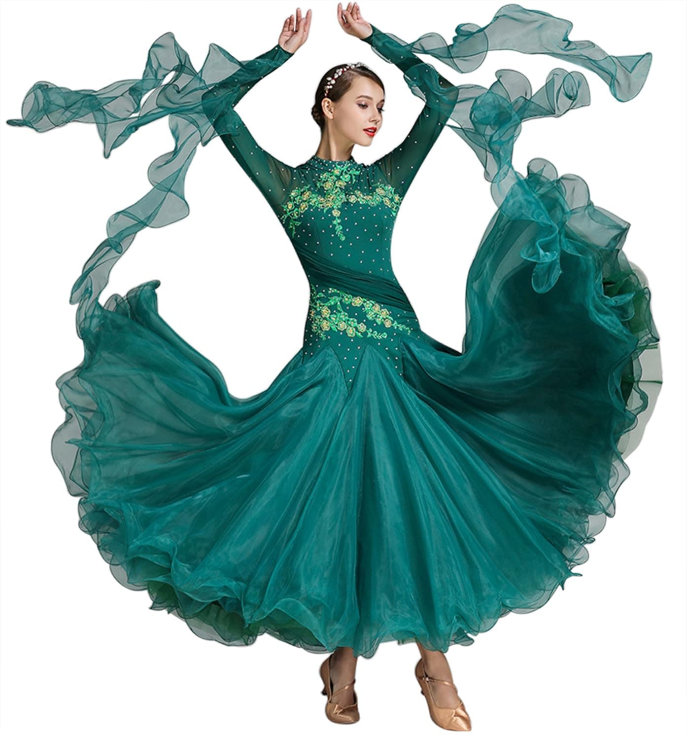 ELLYDOOR Women's Floral Rhinestone Ballroom Waltz Dress for Prom & Competition