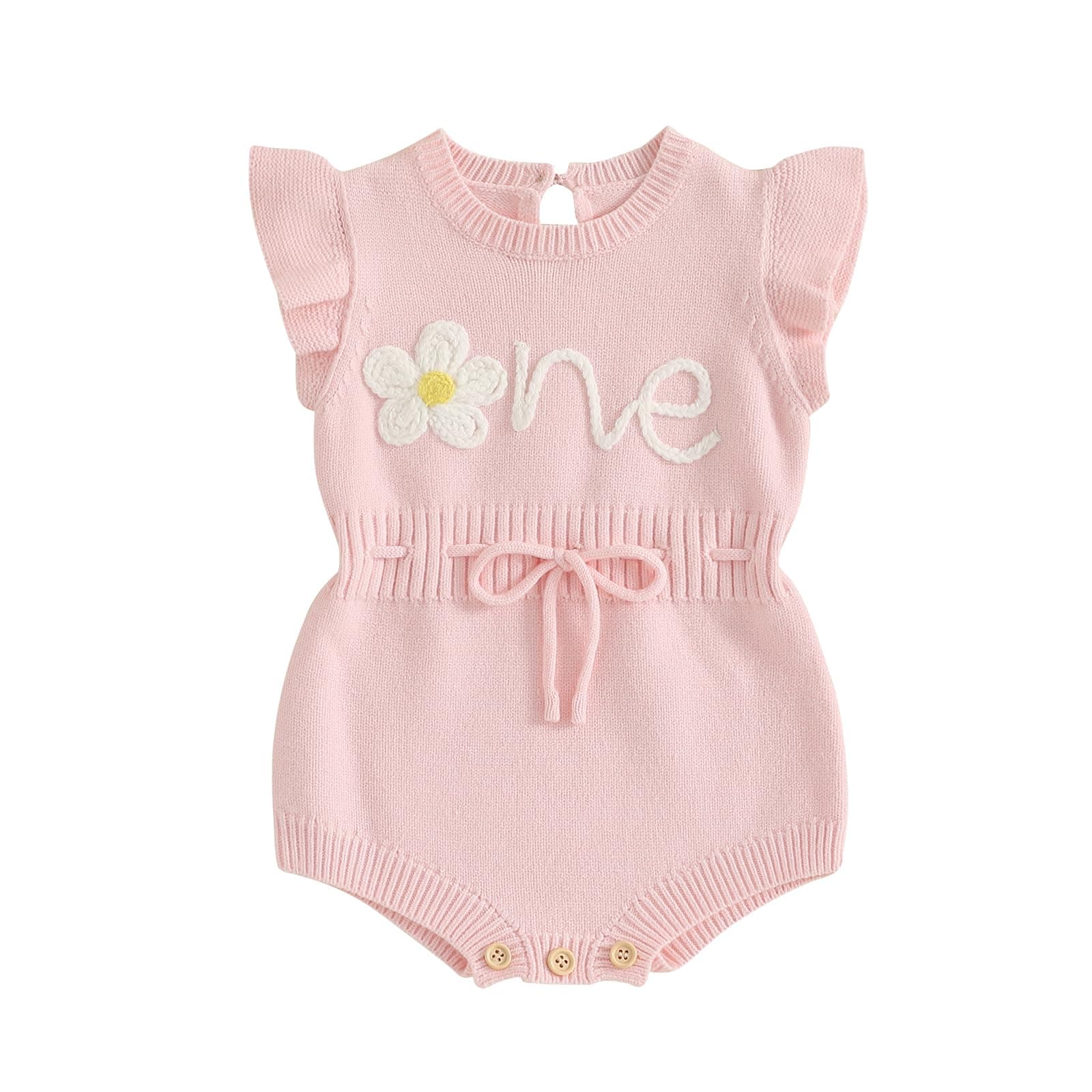 SYOKUP First Birthday Girl Romper Floral Embroidered Crochet Knit Outfit