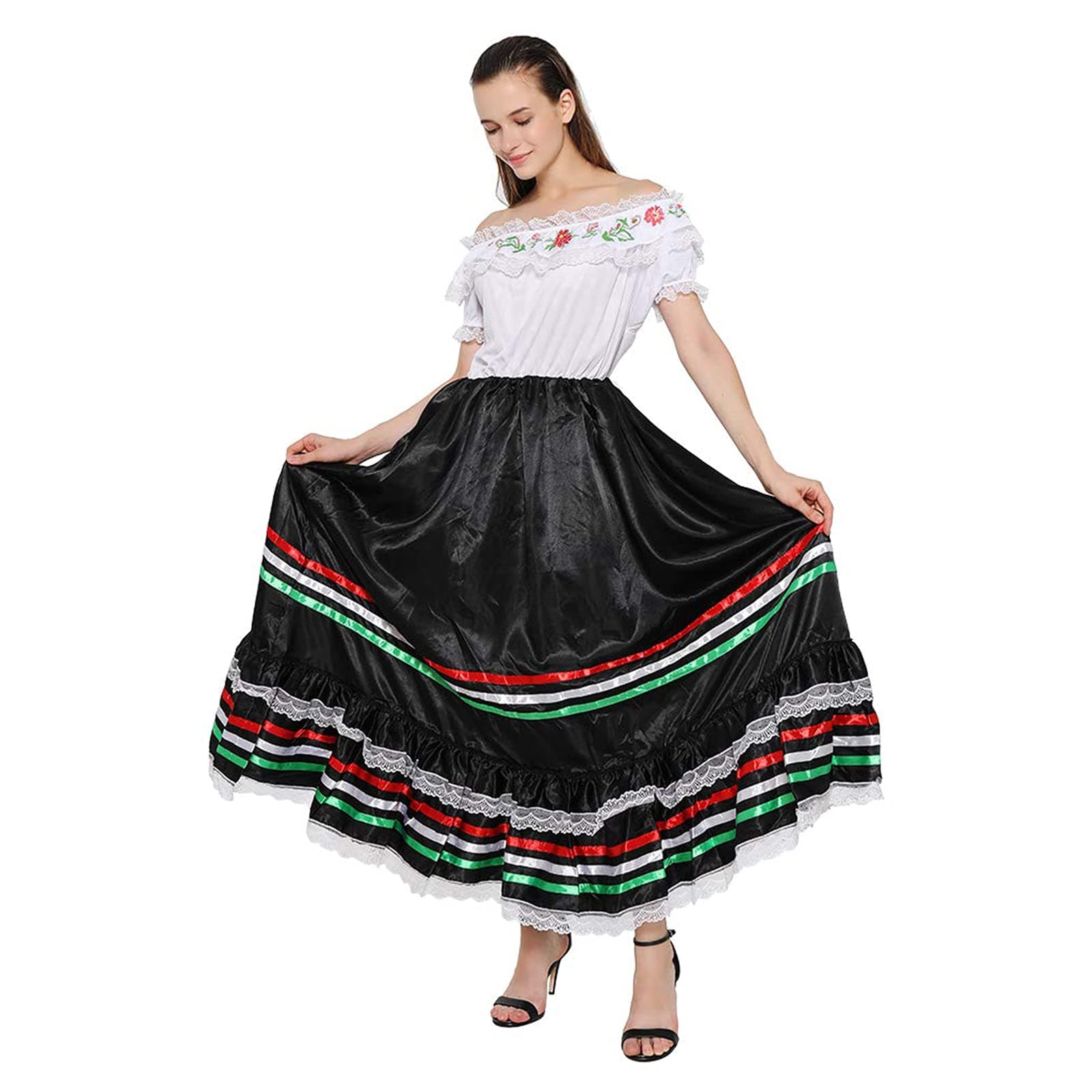 FantastCostumes Women's Traditional Mexican Senorita Lace Flower Dress for Festival Party