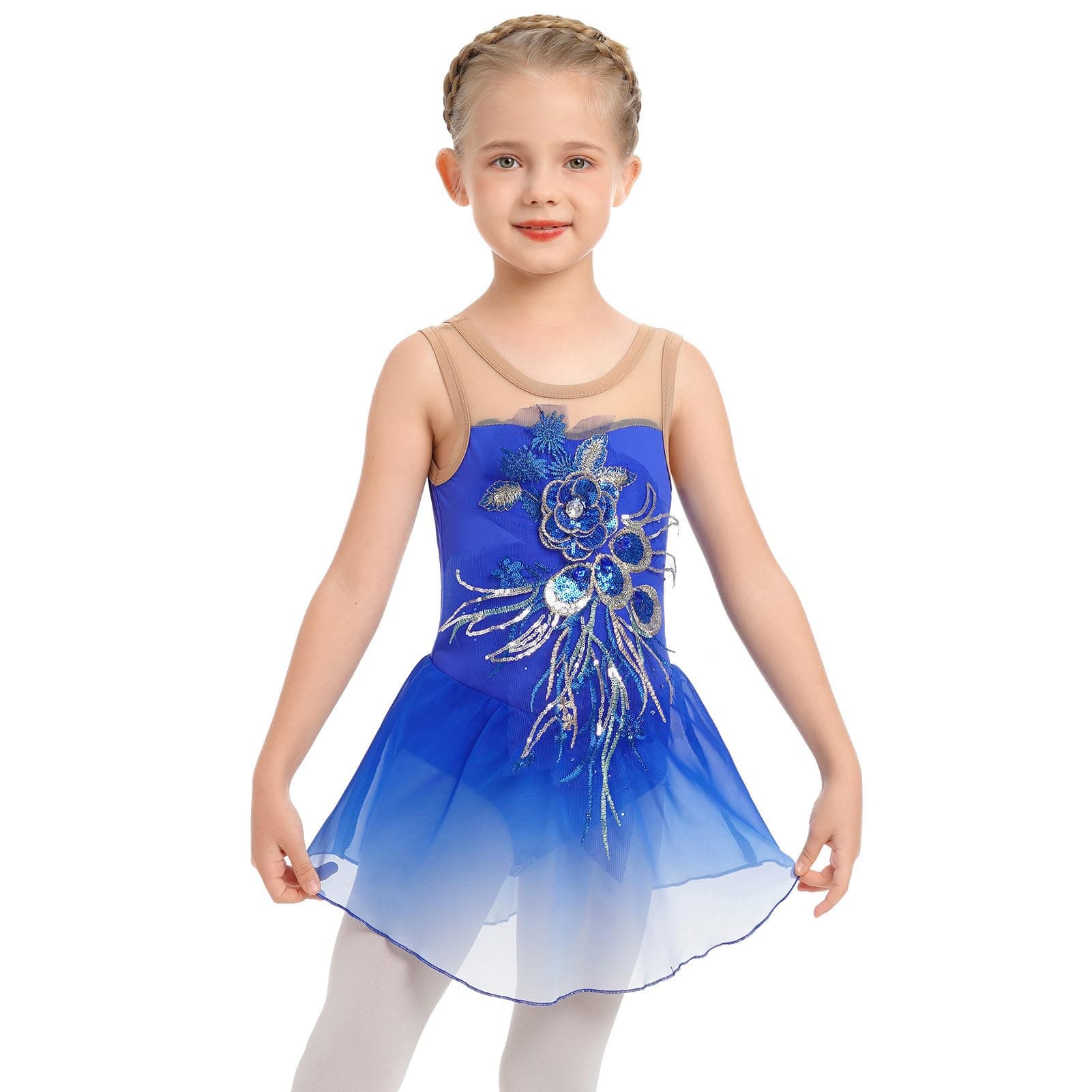ODASDO Girl Ice Skating Dress Sequin Flower Chiffon Skirt for Competition