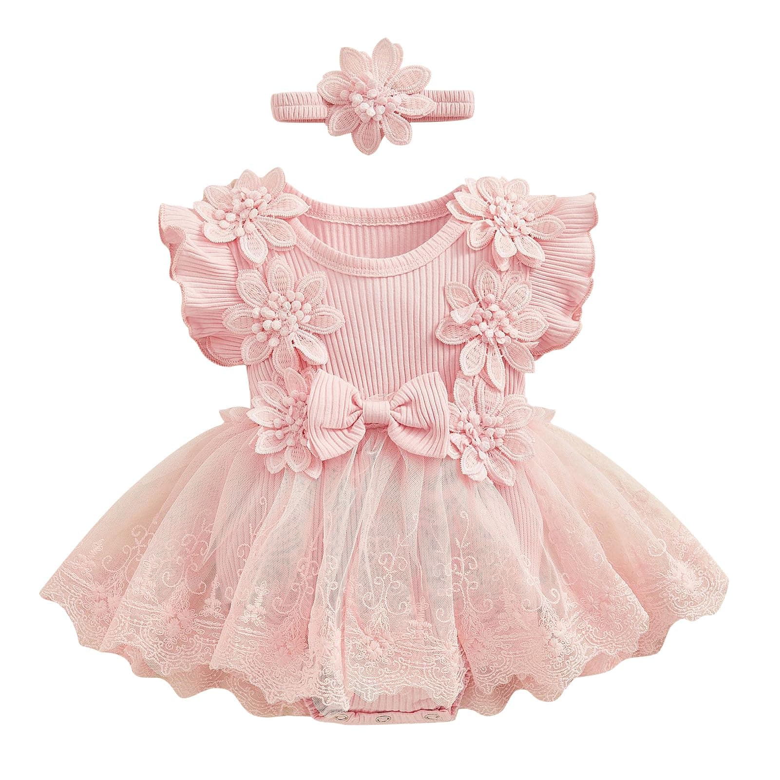 ODASDO Newborn Lace Romper Dress & Bowknot Headband Summer Birthday Outfit