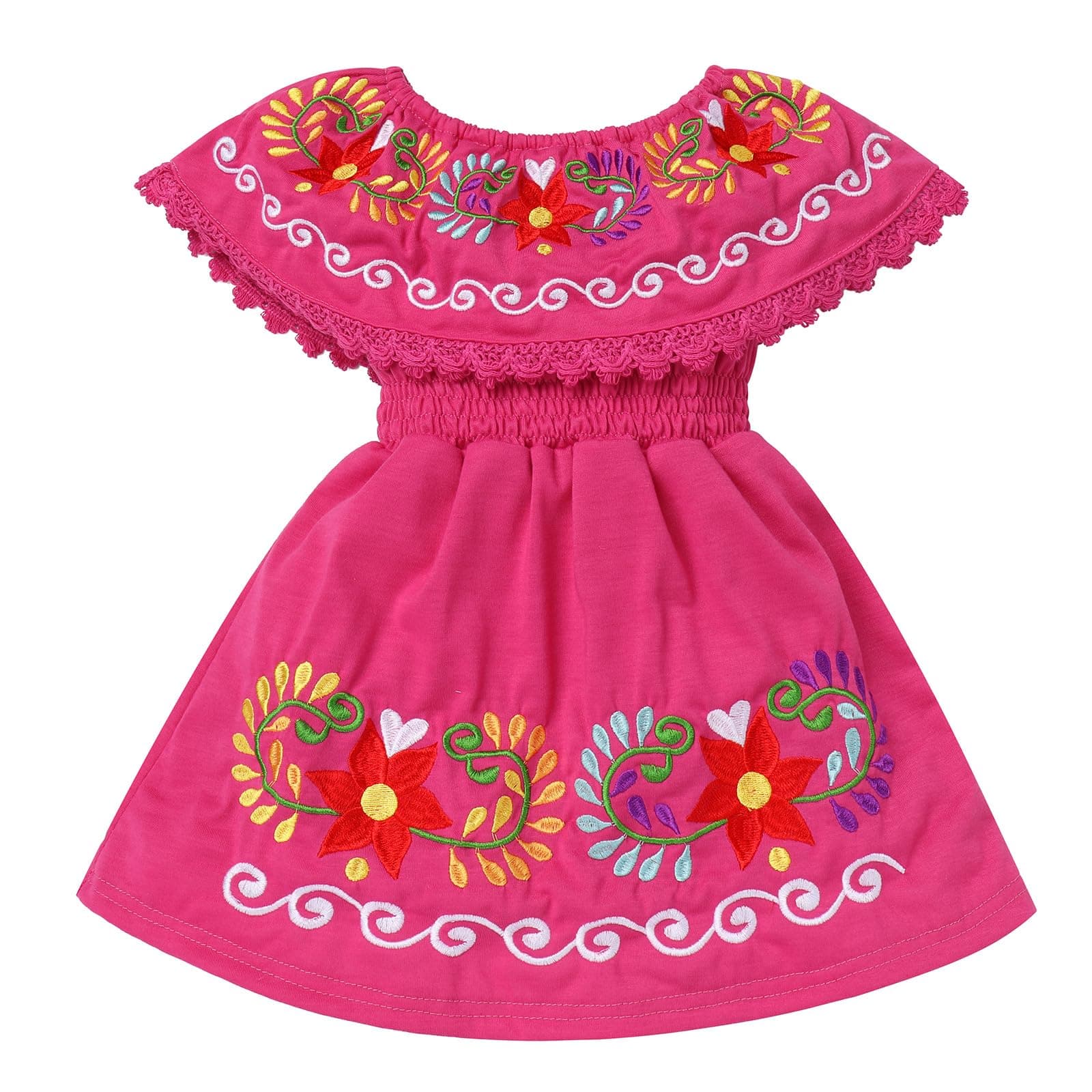 ODIZLI Girls Traditional Mexican Off-Shoulder Floral Embroidered Dress