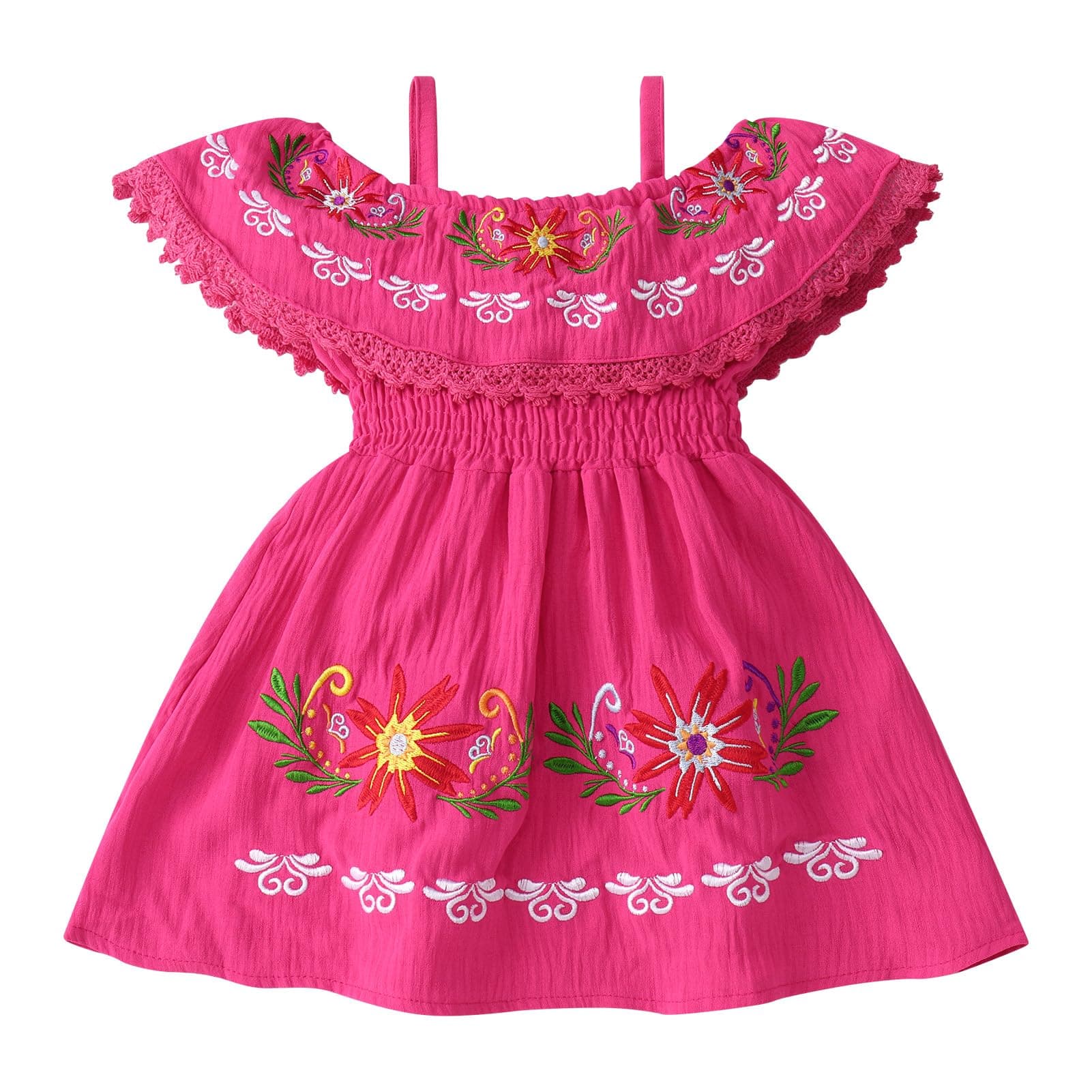 FYMNSI Toddler Mexican Off-Shoulder Floral Embroidered Casual Dress
