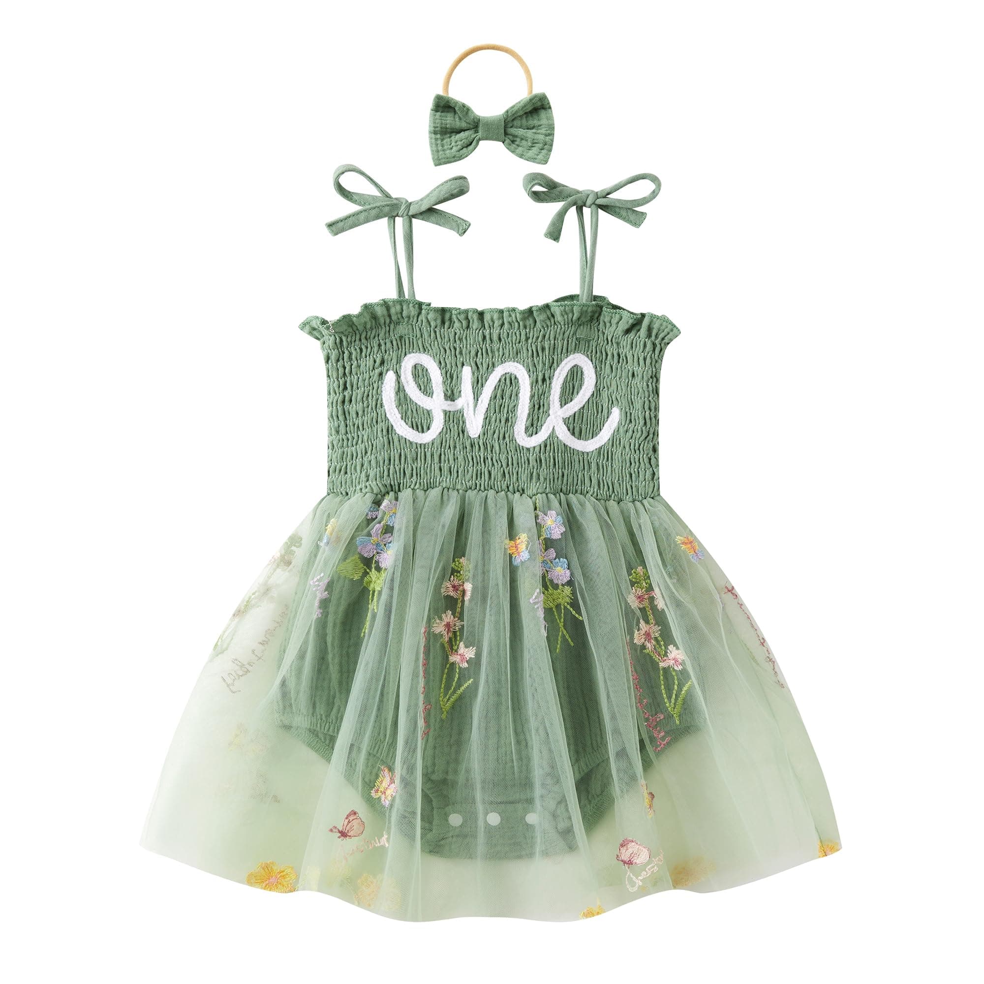 DLLYING Baby Girl Summer Smocked Fairy Berry One-Piece Tulle Romper with Headband